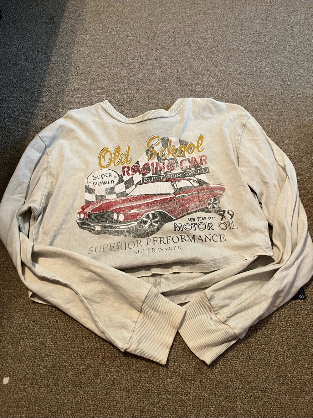 Forever 21 Cream Graphic Crop Long-Sleeve with Red Car and Yellow Accents